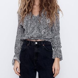 Zara Ruffled Printed V-neck Top Long Sleeves